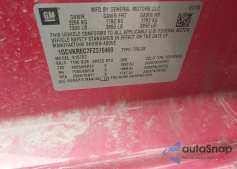 2015 Chevrolet Silverado 1500 1Lt z USA, uszkodzony, nr VIN 1GCVKREC7FZ370468